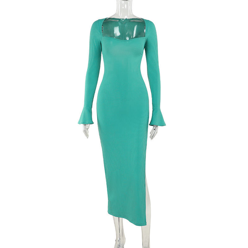 High Waist Bodycon Square Neck Full Sleeve Dress