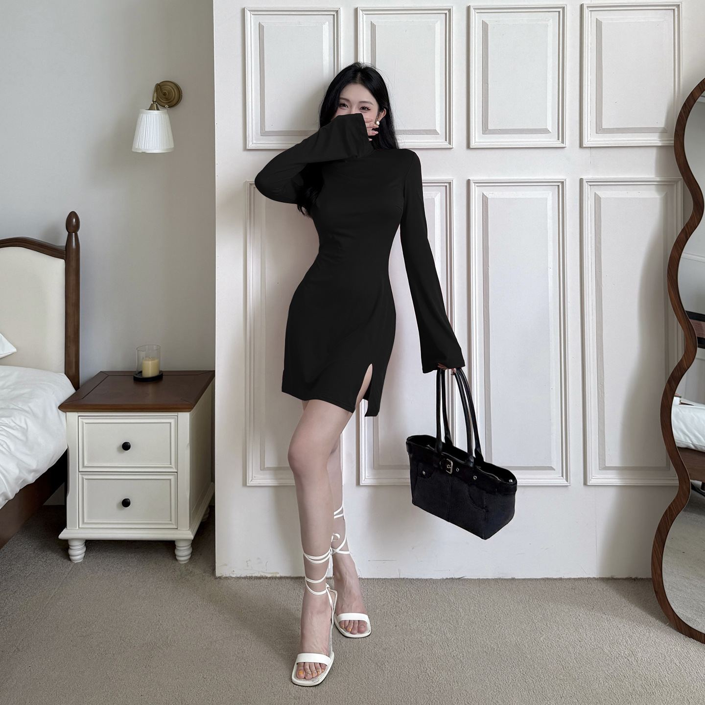 Mock Collar Solid Split Hem Bodycon Dress