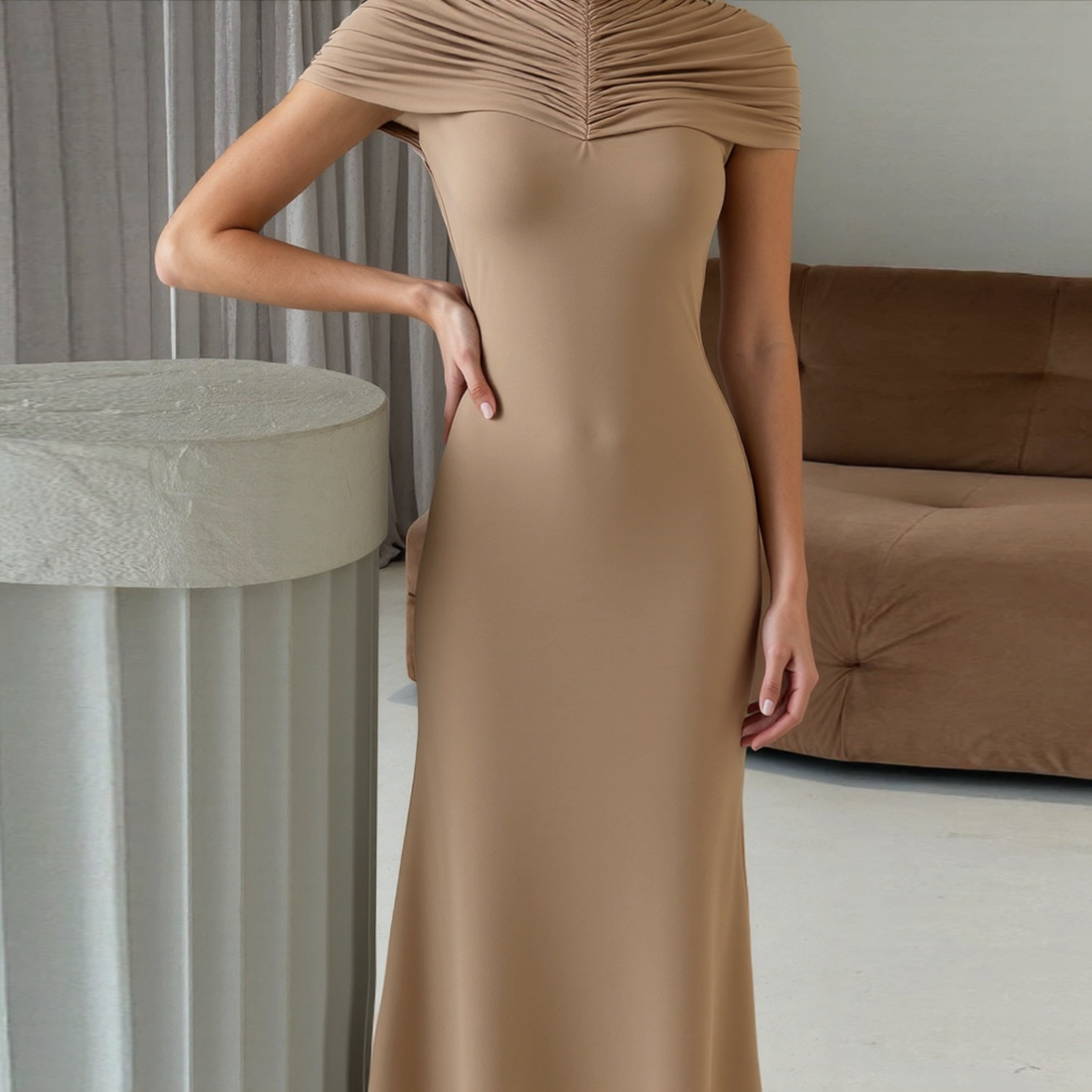 Sleeveless Stand Collar Cutout Pleated Waist-Defined Bodycon Dress