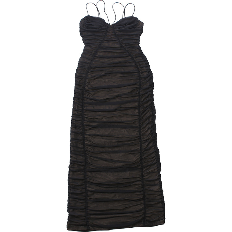 Plunging Sleeveless Spaghetti Strap Fluted Open Back Dress