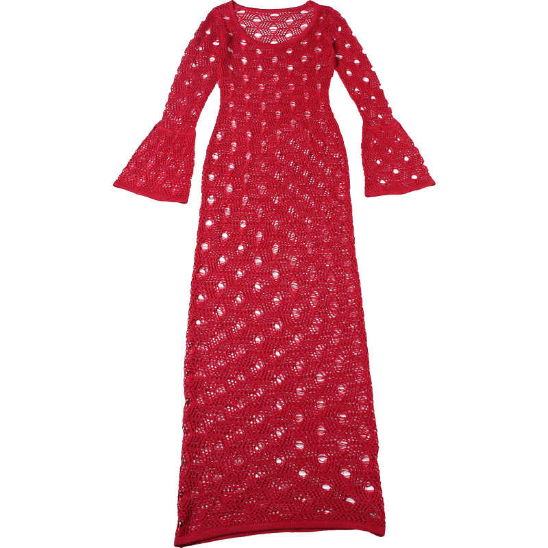 U-Neck Long-Sleeve Polyester High-Waist Sheer Bodycon Dress