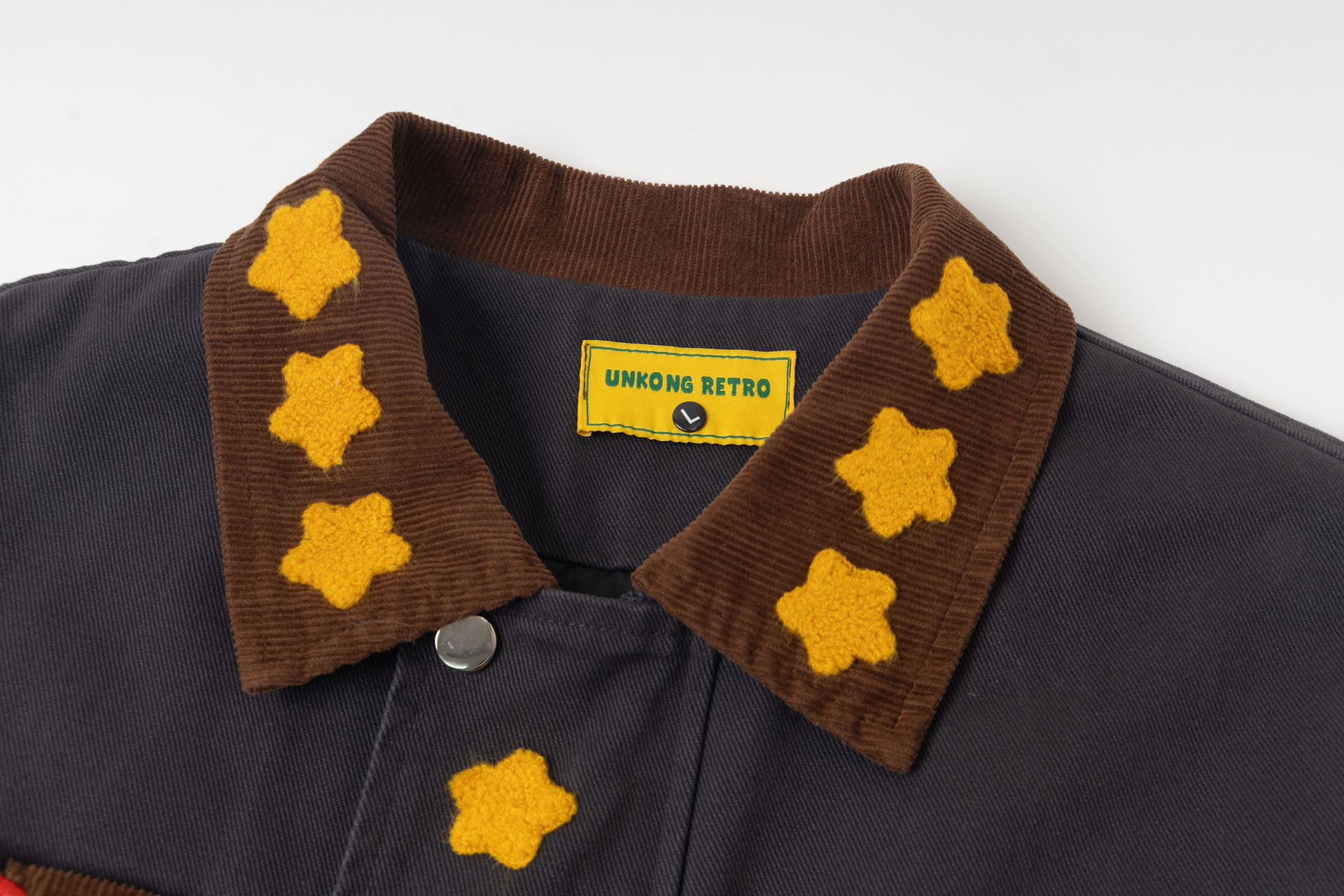 Color-Blocked Dog Embroidery Turn-Down Collar Quilted Jacket Outerwear