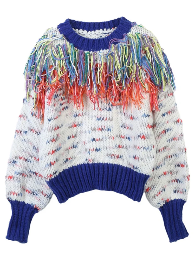 Ladies Contrast Panel Fringe Crew Collar Sweater