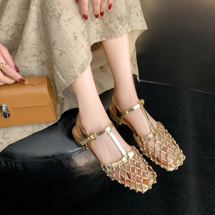 Cowhide foreskin hollowed out T-shaped strap flat sandals Mary Jane shoes