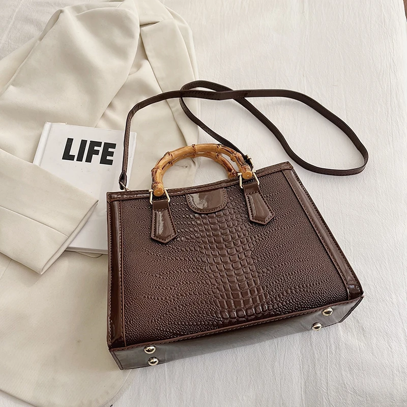 High Quality Leather Shoulder Bag For Women Luxury Alligator Handbag Designer Women Bag Retro Bamboo Handle Tote Bag Female