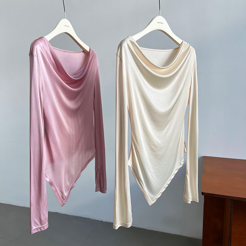 Women Slim Solid Cowl Neck Elongated Sleeve Tee