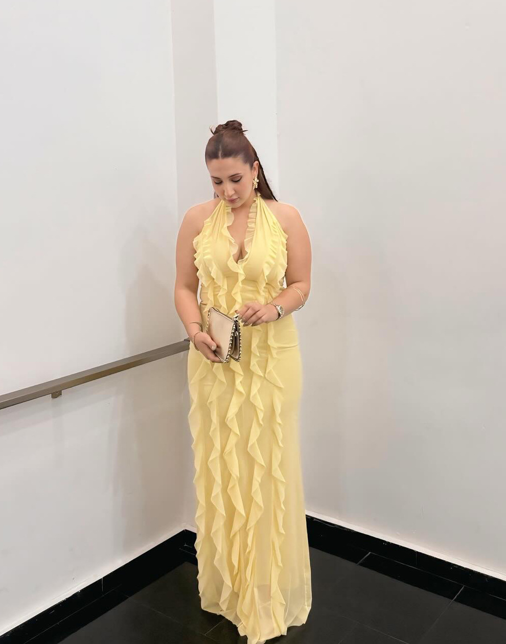 Yellow Solid Color Strapless Sexy Backless Lace High-Grade Dress Long Dress