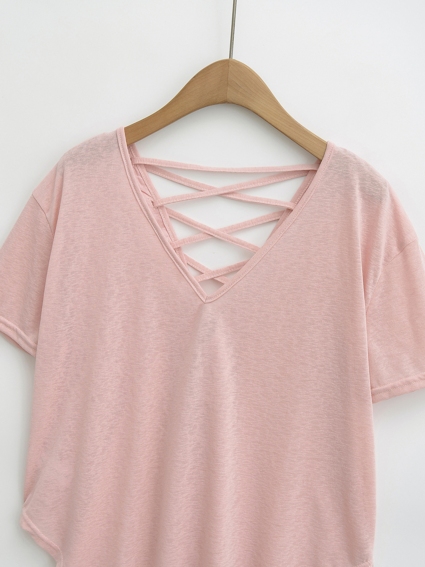 Tie Rope V-Neck Short Sleeve Loose Casual T-Shirt