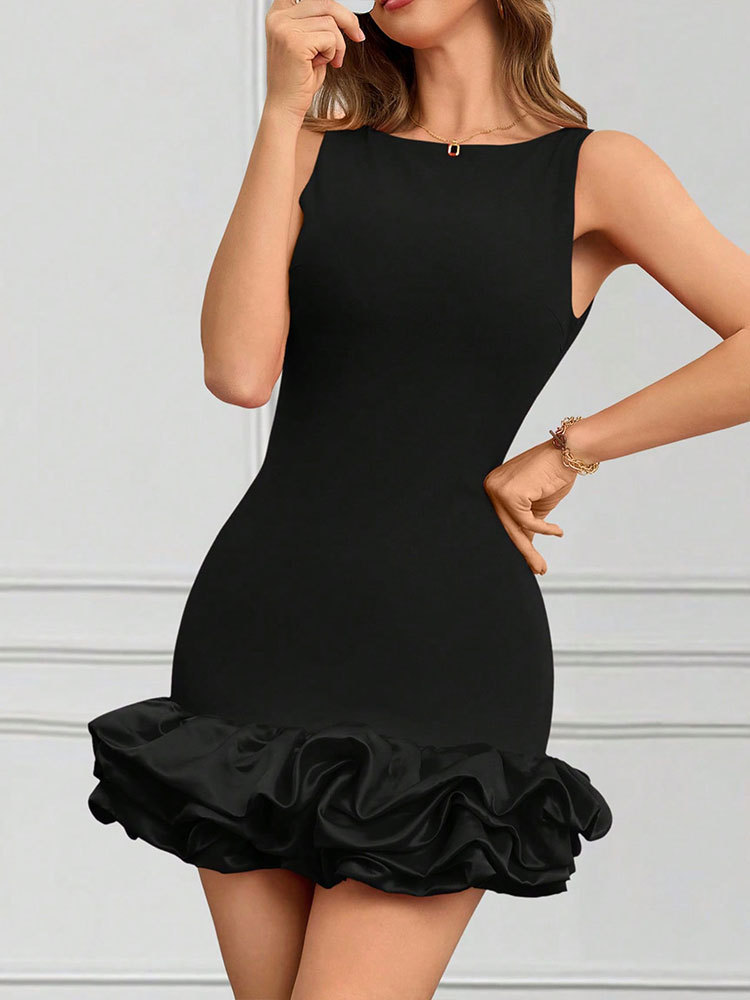 Plain Open Back Dress With Frill Trim