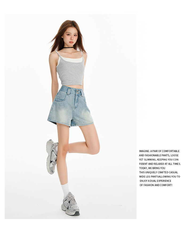 Light Blue High-Waisted A-Line Denim Shorts for Women Loose and Slim Fit Wide-Leg Hot Pants