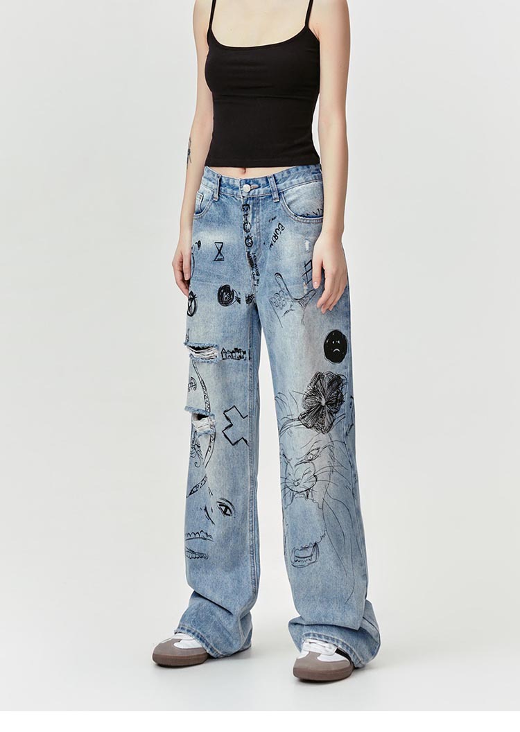 Graffiti Fun Niche Print Washed Distressed Denim Trousers
