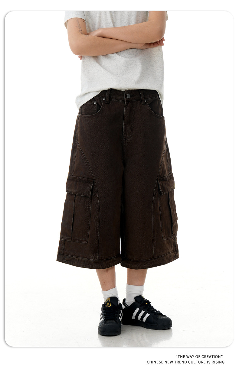 Retro Deconstructed Multi-Pocket Pants Straight Loose Unisex Wide-Leg Cargo Shorts