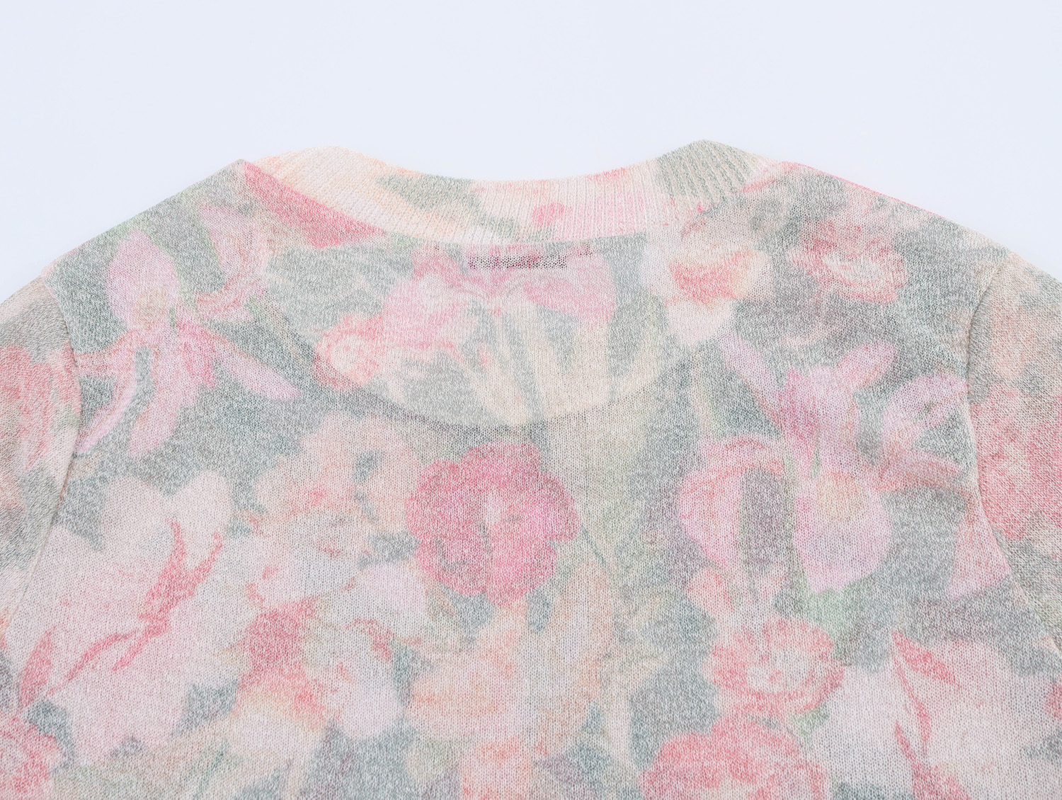 Flower Pattern Crew Three-Quarter Sleeve Polyester Top