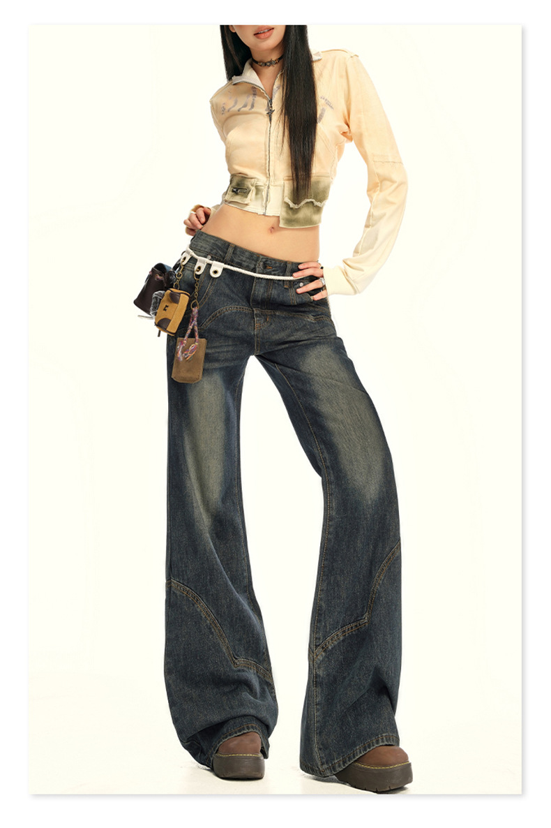 Women's Wide-Leg Jeans with Splicing Retro Design Loose and Slimming Flare Pants