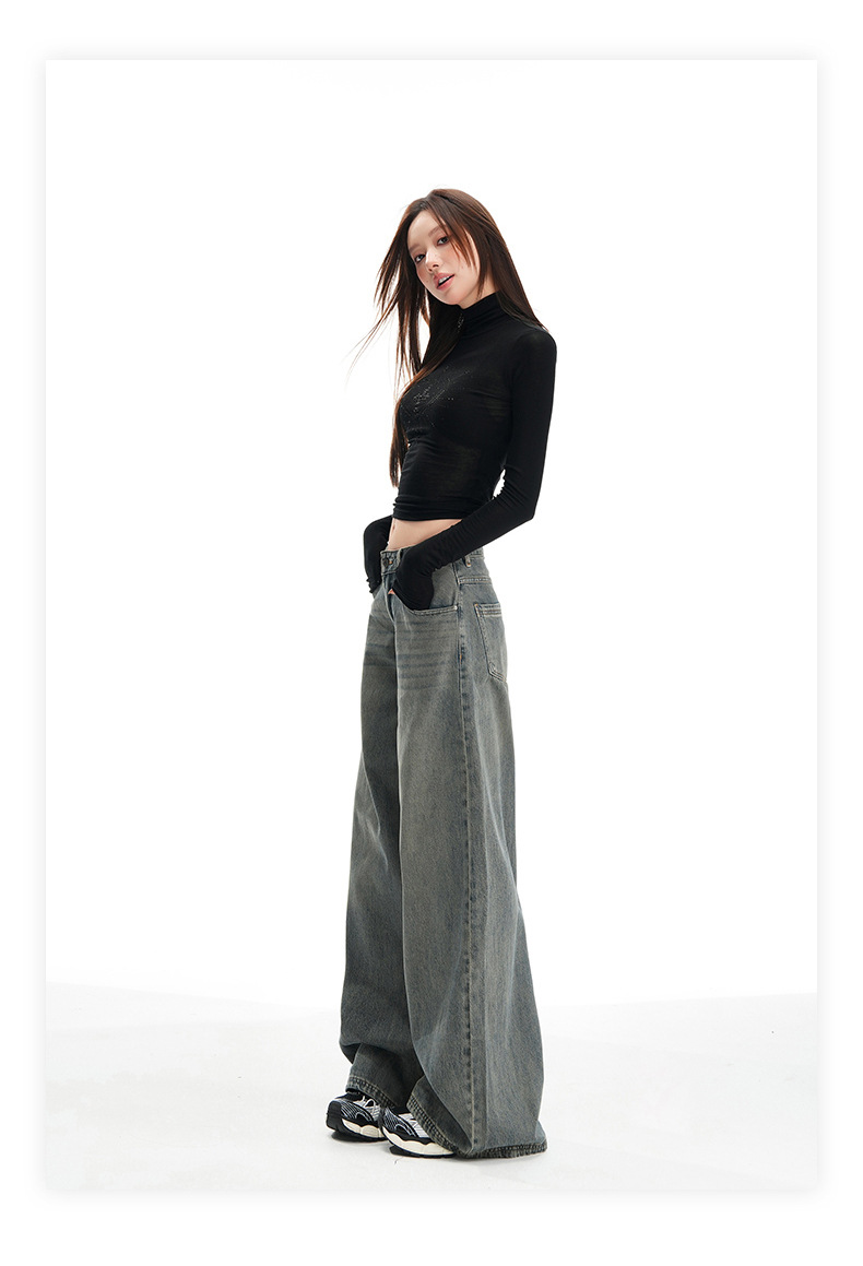 Women's Wide-Leg Pants Loose Fit High-Waist Trousers Slimming Multi-Purpose Denim Pants with Vintage Color Washed Effect