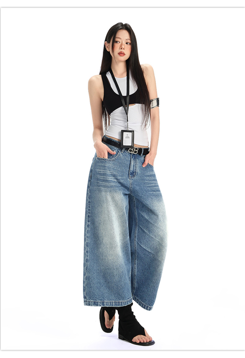 Denim Cropped Pants for Women High Street Relaxed Fit Straight Leg Wide-Leg Mid-Length Pants