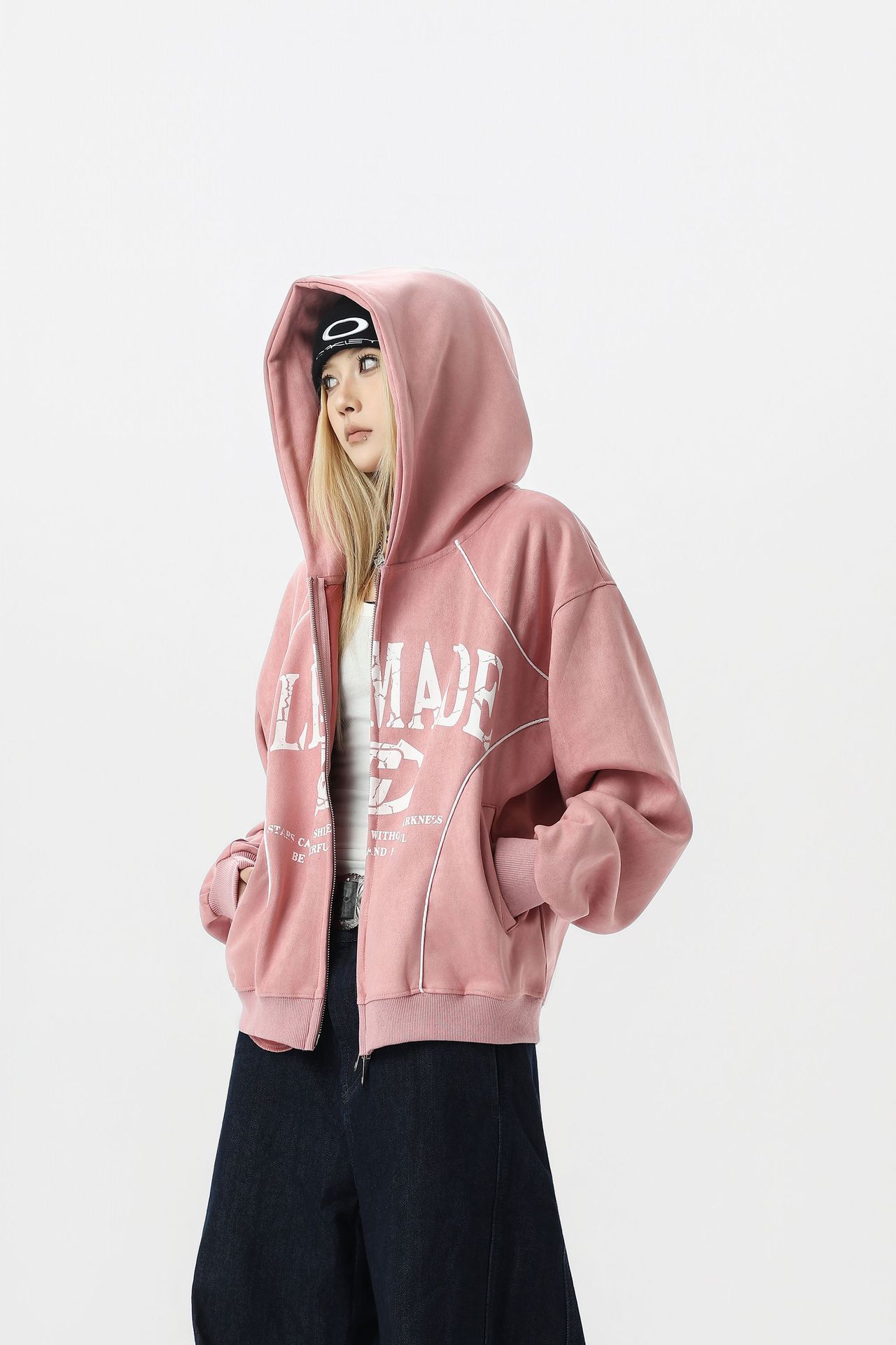 Loose Streetwear Patterned Hood Zipper Sweatshirt