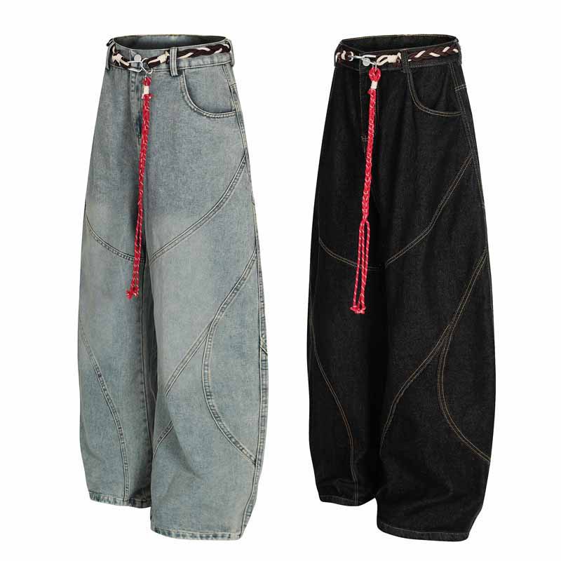 Streetwear Hip-Hop Deconstructed Patchwork Knife-Edge Jeans Unisex Loose Distressed Washed Vintage Wide-Leg Pants