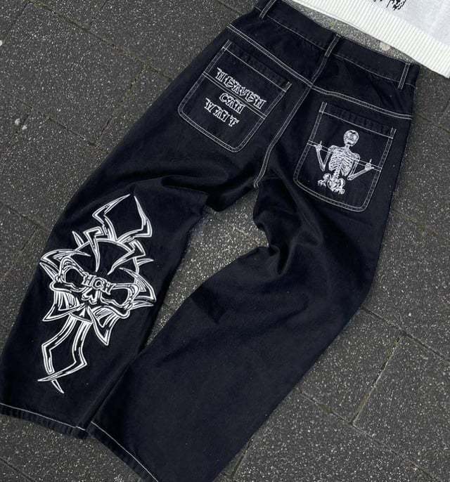 Retro hip-hop goth straight leg loose wide leg skeleton embroidered washed denim jeans for men