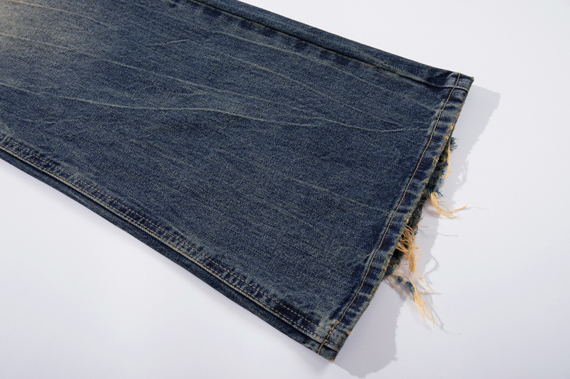 Washed Cat-Whisker Yellow Mud-Dyed Knife-Edge Jeans Women Cleanfit Washed Ripped Versatile Slightly Flared Pants