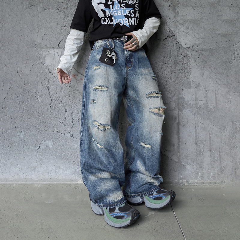 Vintage Personality Design Ripped Streetwear Loose Fit Jeans Men Hip Hop Distressed Wide Leg Long Pants