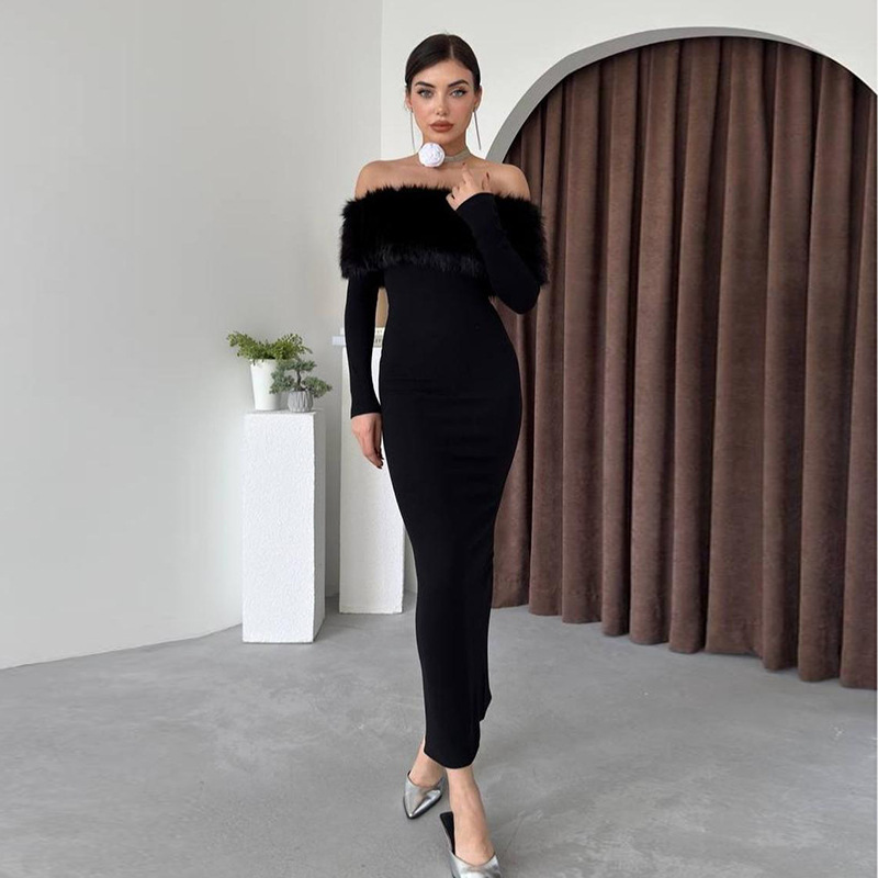Body-Hugging Asymmetric Furry Trim Three-Quarter Sleeve Dress