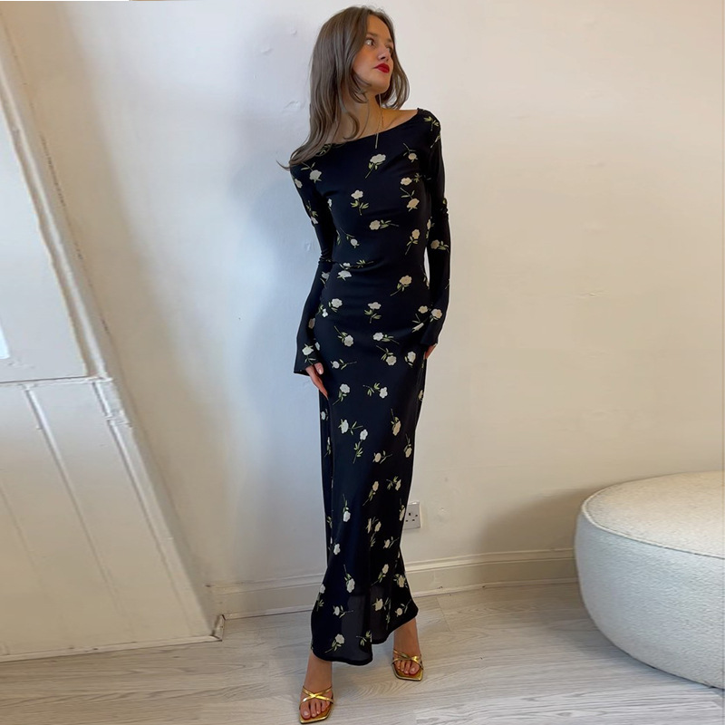 Long One-Shoulder High Waist Patterned Polyester Step-Skirt Dress