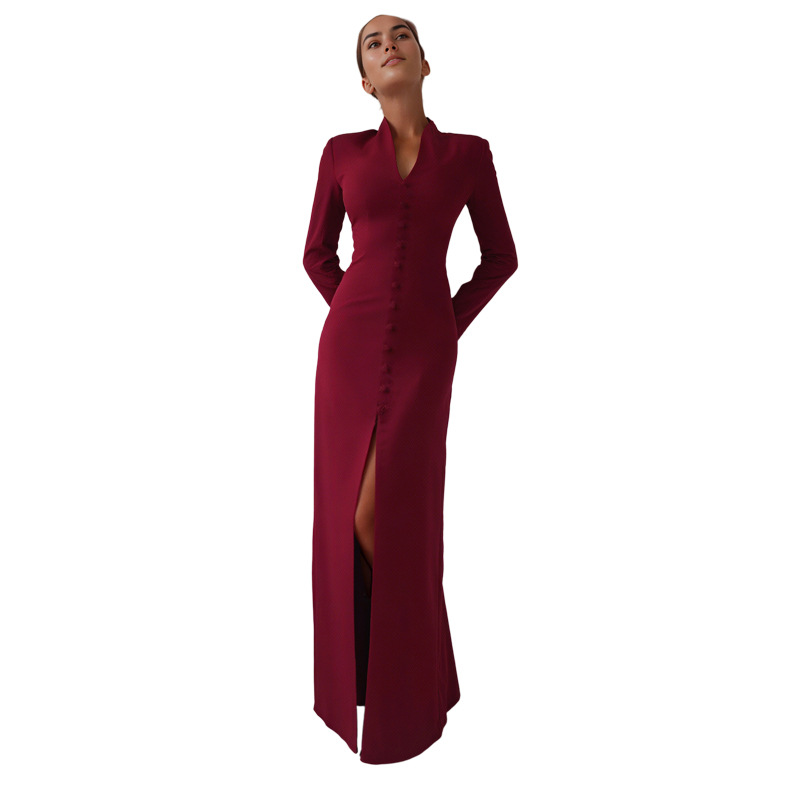 Plunging Neckline Long Sleeve Cinched Torso Vented Dress