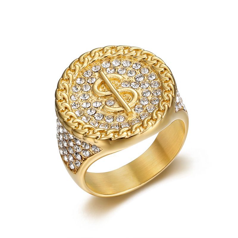Nightclub New Ring Titanium Steel Plated Water Diamond Dollar Symbol Men's Ring