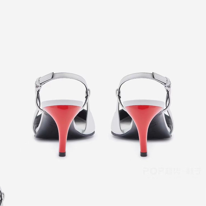 Round head, shallow mouth, slim heel, belt buckle, white sandals style color blocking irregular high heels