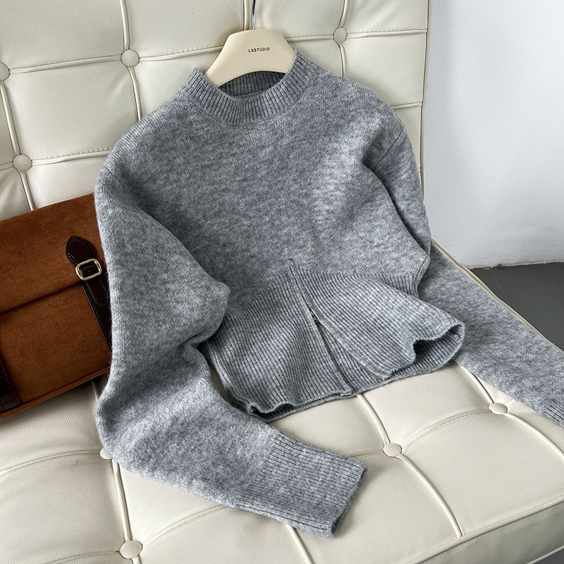 Korean Solid Long Sleeve Loose Crew Sweater