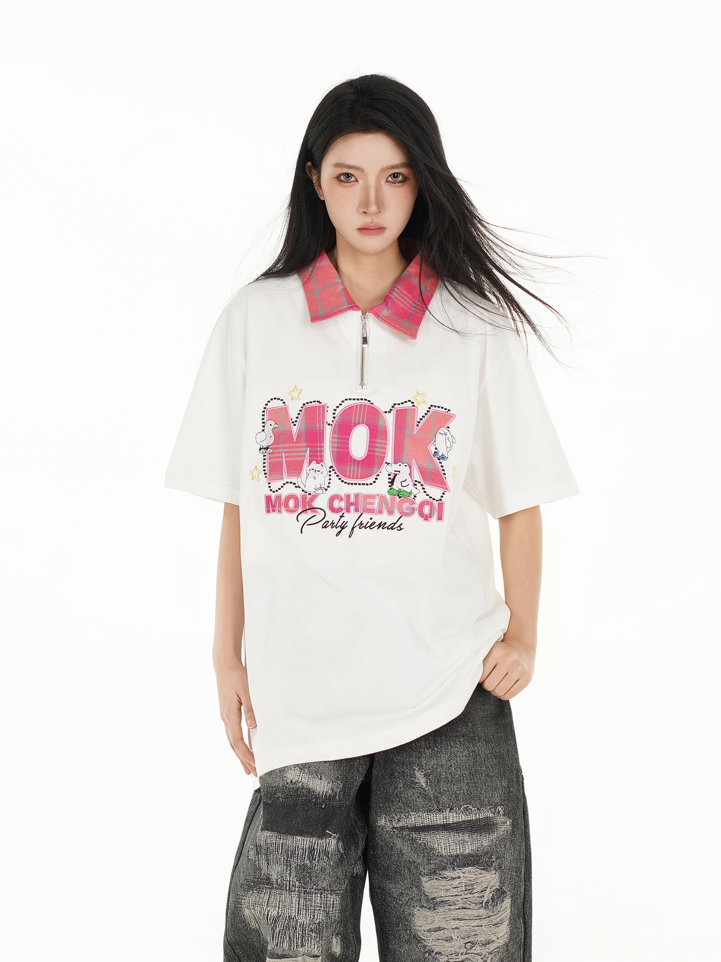 Classic Cotton Letter Lapel Zip Oversized T Shirt