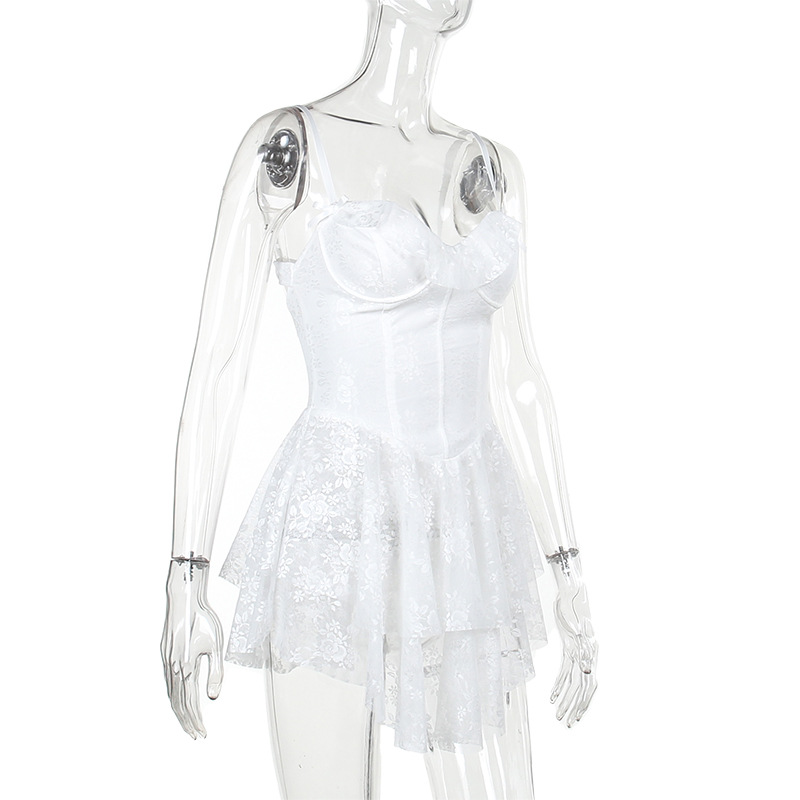 Strap Dress with Lace and Ruffle Design A-Line Dress