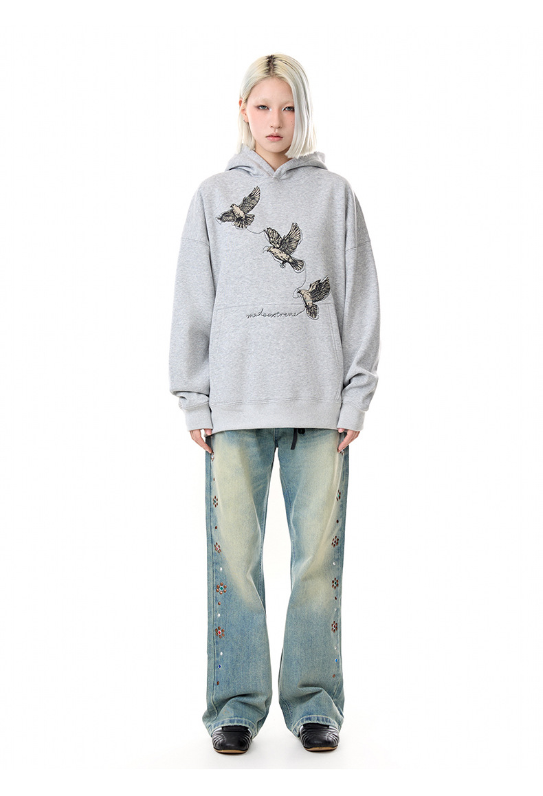 Cotton Blend Loose Fit Bird Graphic Hoodie