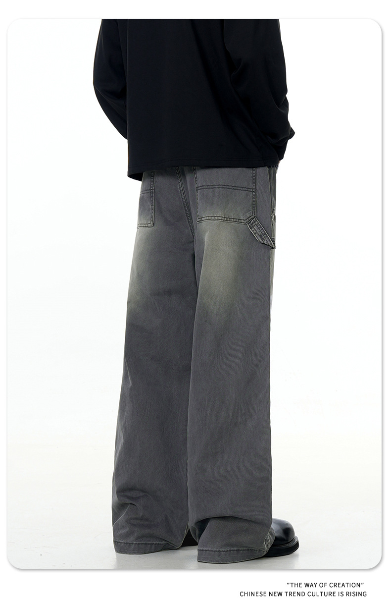 Carpenter Work Pants for Men and Women Vintage Washed Distressed Riveted Denim Loose Straight Leg Long Trousers