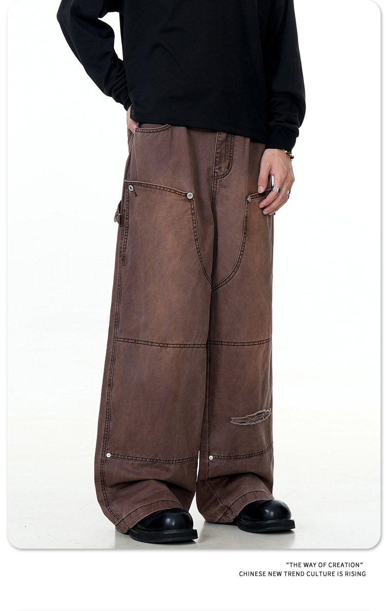 Carpenter Work Pants for Men and Women Vintage Washed Distressed Riveted Denim Loose Straight Leg Long Trousers