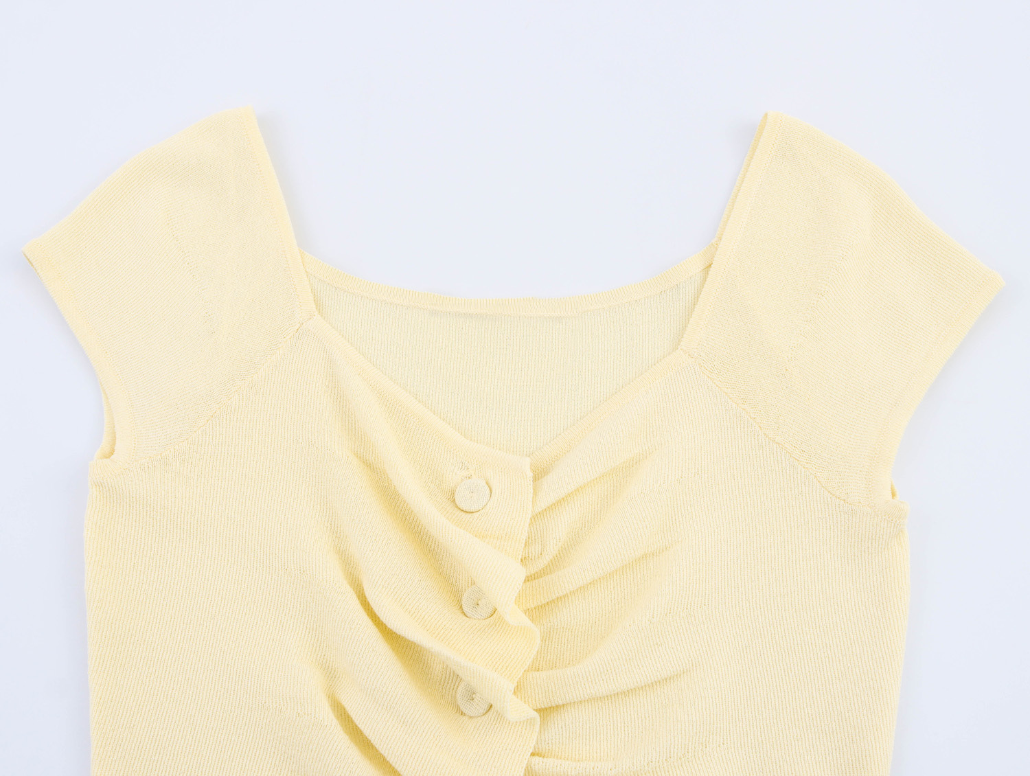 Notch Front Elbow-Length Lemon Polyester Ruched Sweater