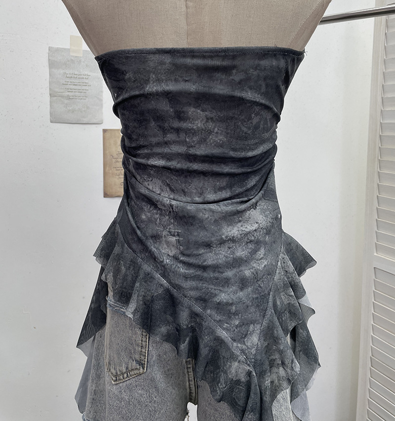 Sultry Asymmetric Plaid Mesh Strapless Top