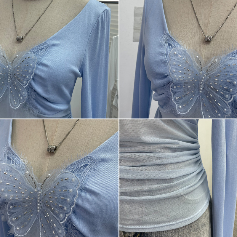 Full Sleeve V-Neck Openwork Slim Fit Tee