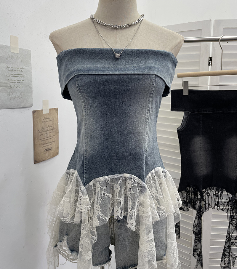 Sexy Asymmetric Denim Crewneck Top