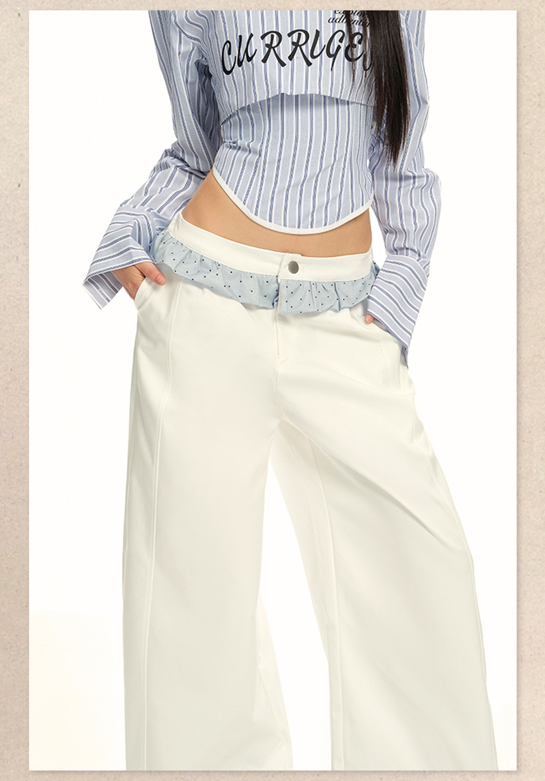 Women's Wide-Leg Casual Pants with White Lace Splicing