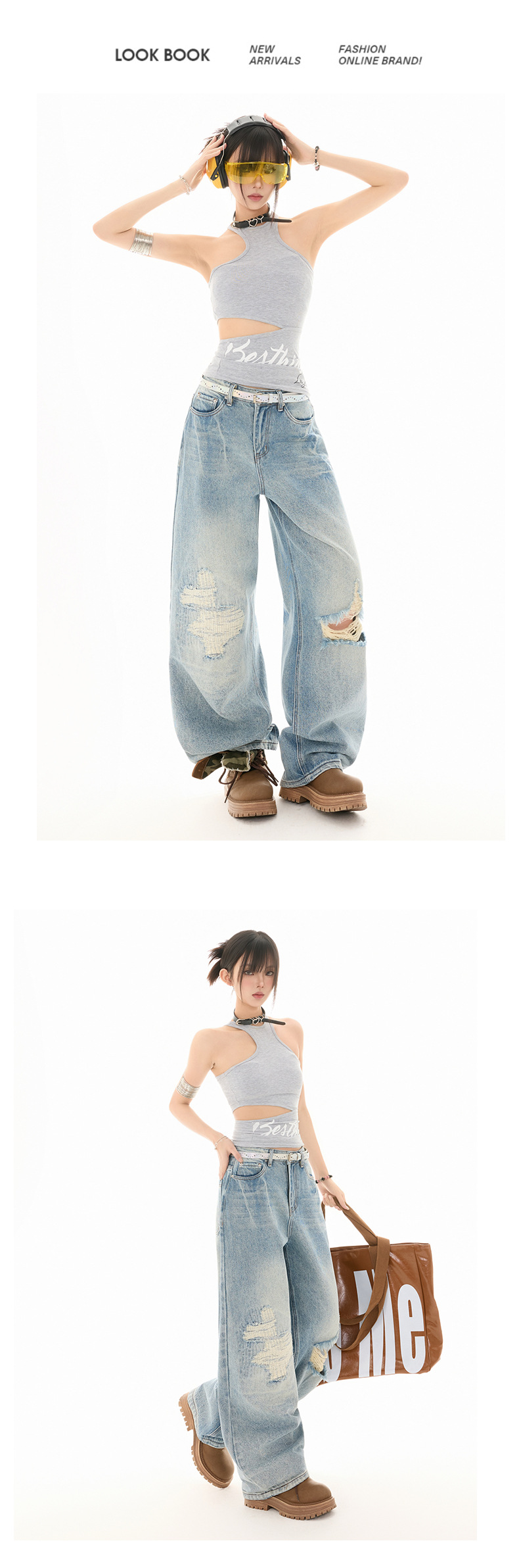 Women's Ripped Straight Leg Jeans Washed Vintage Design Loose Wide Leg Pants