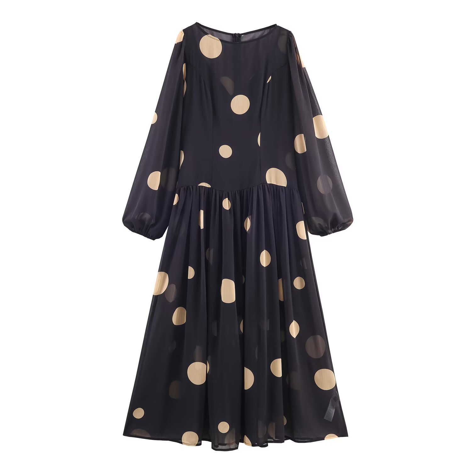 Round neck long sleeved printed long skirt long skirt dress for women