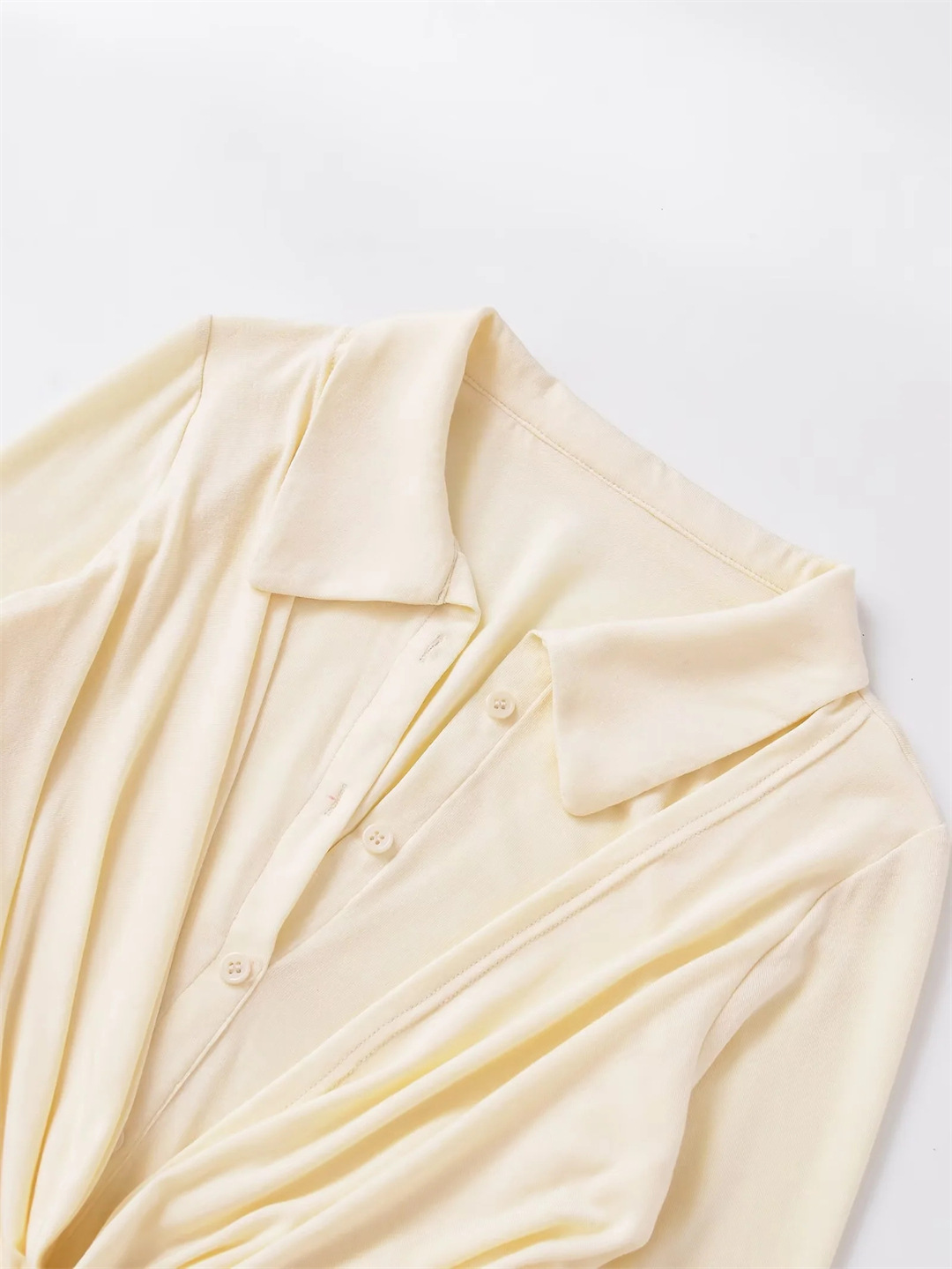 Plain Full-Arm Dropped-Neck Frill Double-Layer Slim-Fit Cropped Tee
