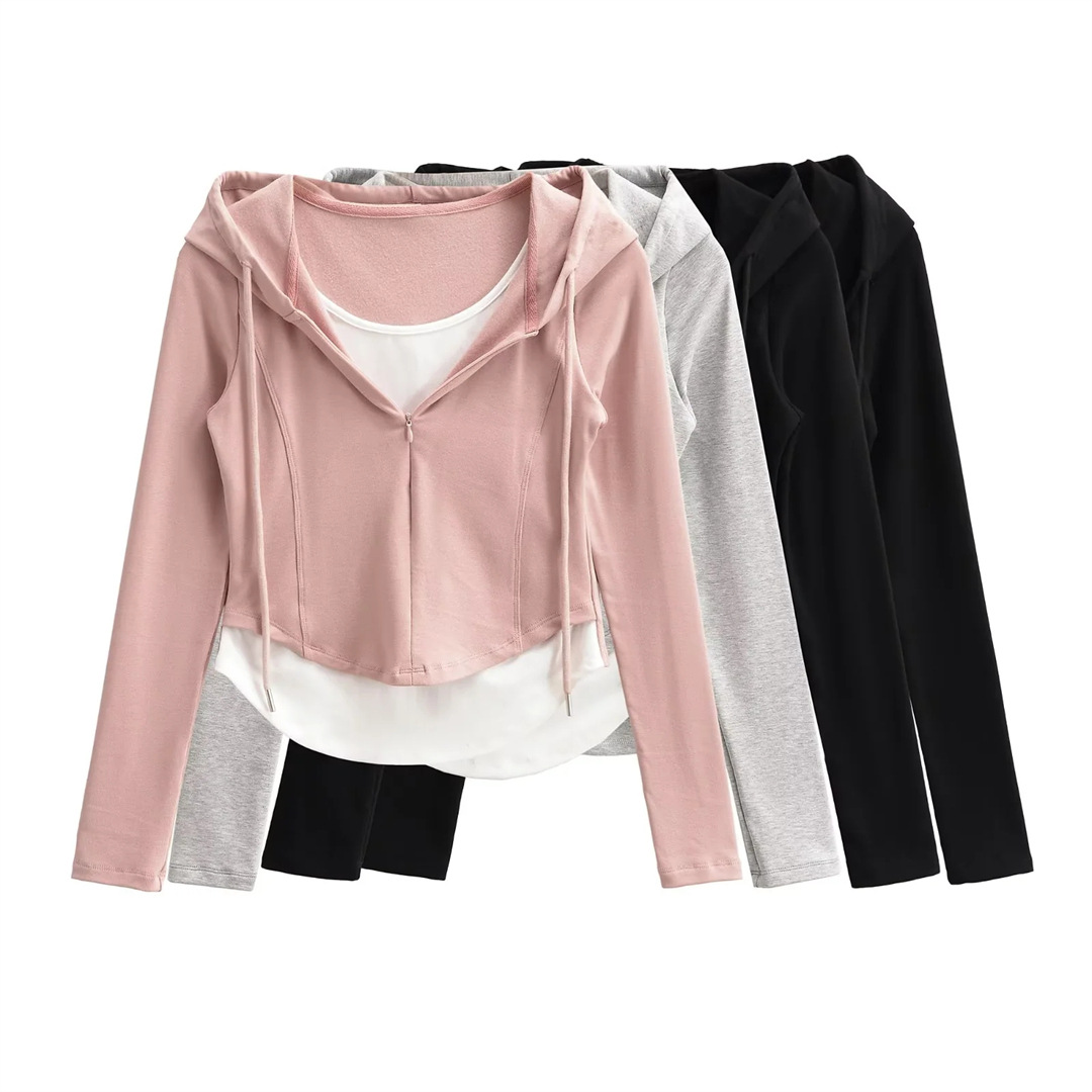 Layered Asymmetric Crop Hoodie - Cord & Concealed Zip