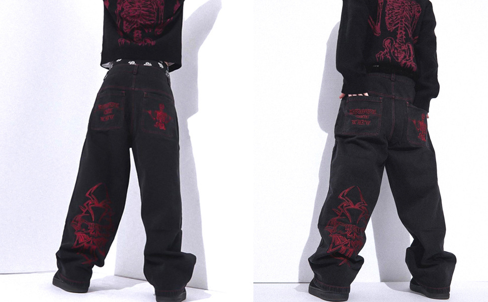 Retro hip-hop goth straight leg loose wide leg skeleton embroidered washed denim jeans for men