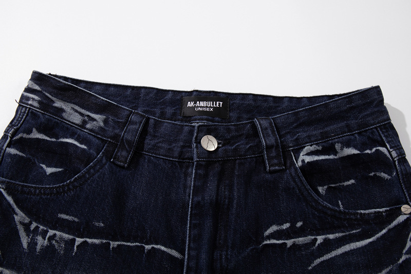 Retro Washed Lightning Pattern Men's Long Pants, INS Autumn Trendy Streetwear, Cool and Versatile Slightly Flared Jeans