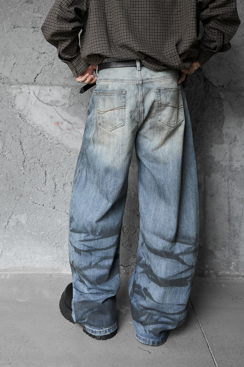 Street Style Vintage Distressed Washed Knife-Edge Denim Pants, Hip-Hop Casual Loose Ripped Straight Leg Jeans