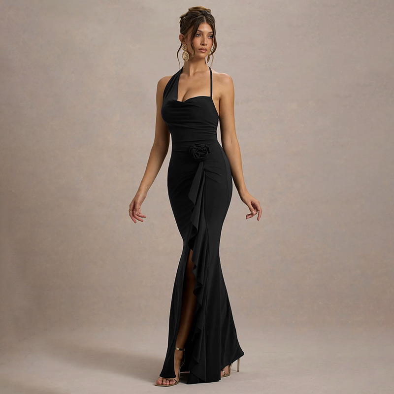 V-Neck Asymmetric 3D Floral Side Split Dress