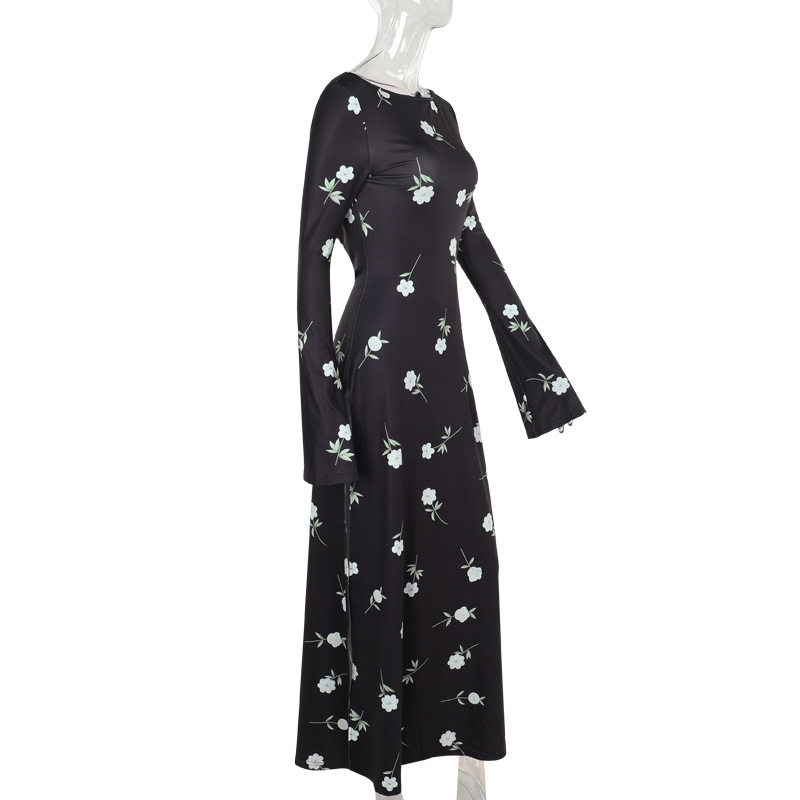 Long One-Shoulder High Waist Patterned Polyester Step-Skirt Dress